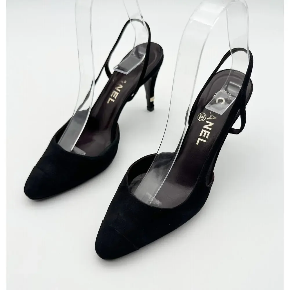 Chanel Slingback Heels 36.5 Black Suede Gold Cap Toe Vintage CC Logo Block Heel - Picture 9 of 9